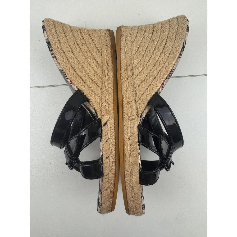 Burberry Haymarket‎ Check Espadrille Wedge Sandals Black Patent Leather 38 7.5 8